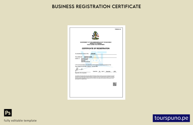 listo para imprimir Plantilla de plantilla de certificado de registro de Baham 1